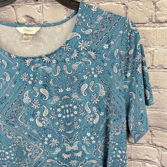 CJ Banks Blue Paisley Round-Neck Short Sleeve  Shift Dress - Women's 2X - Picture 2 of 6